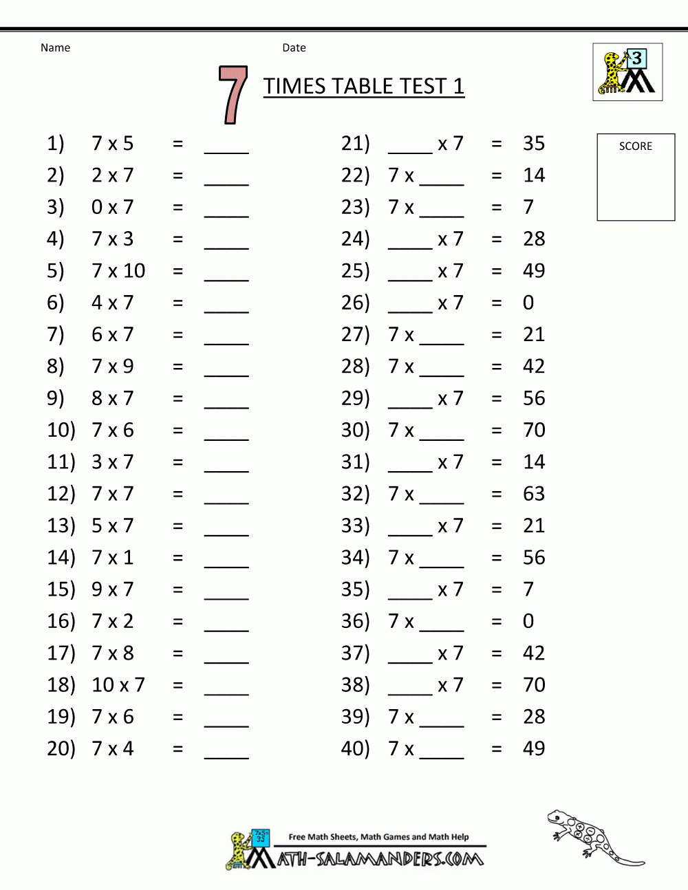 Free Printable Math Sheets 7 Times Table Test 1 | Korrutustabel - Free Printable Worksheets For 5Th Grade