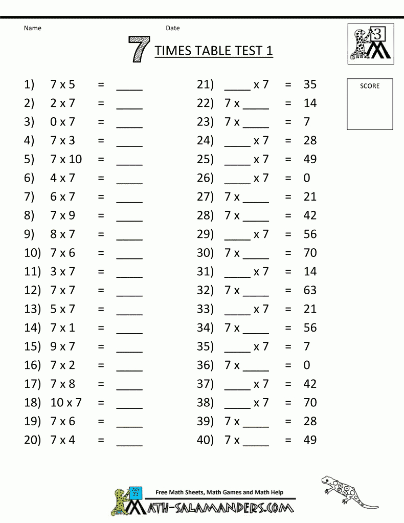Free Printable Math Sheets 7 Times Table Test 1 | Matikka/ Math - Free Printable Maths Worksheets Ks1