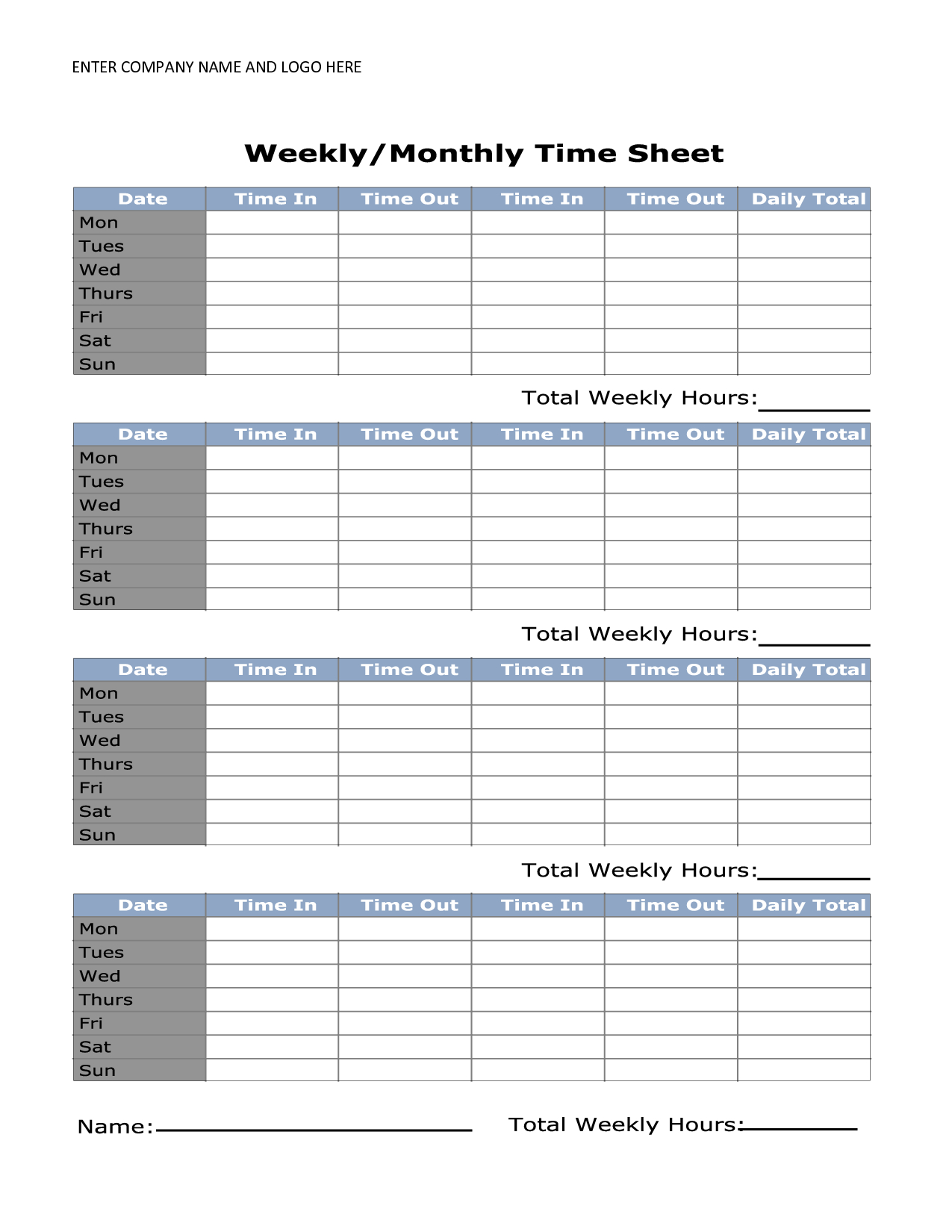 Free Printable Monthly Time Sheets | Time Sheet | Timesheet Template - Free Printable Time Sheets