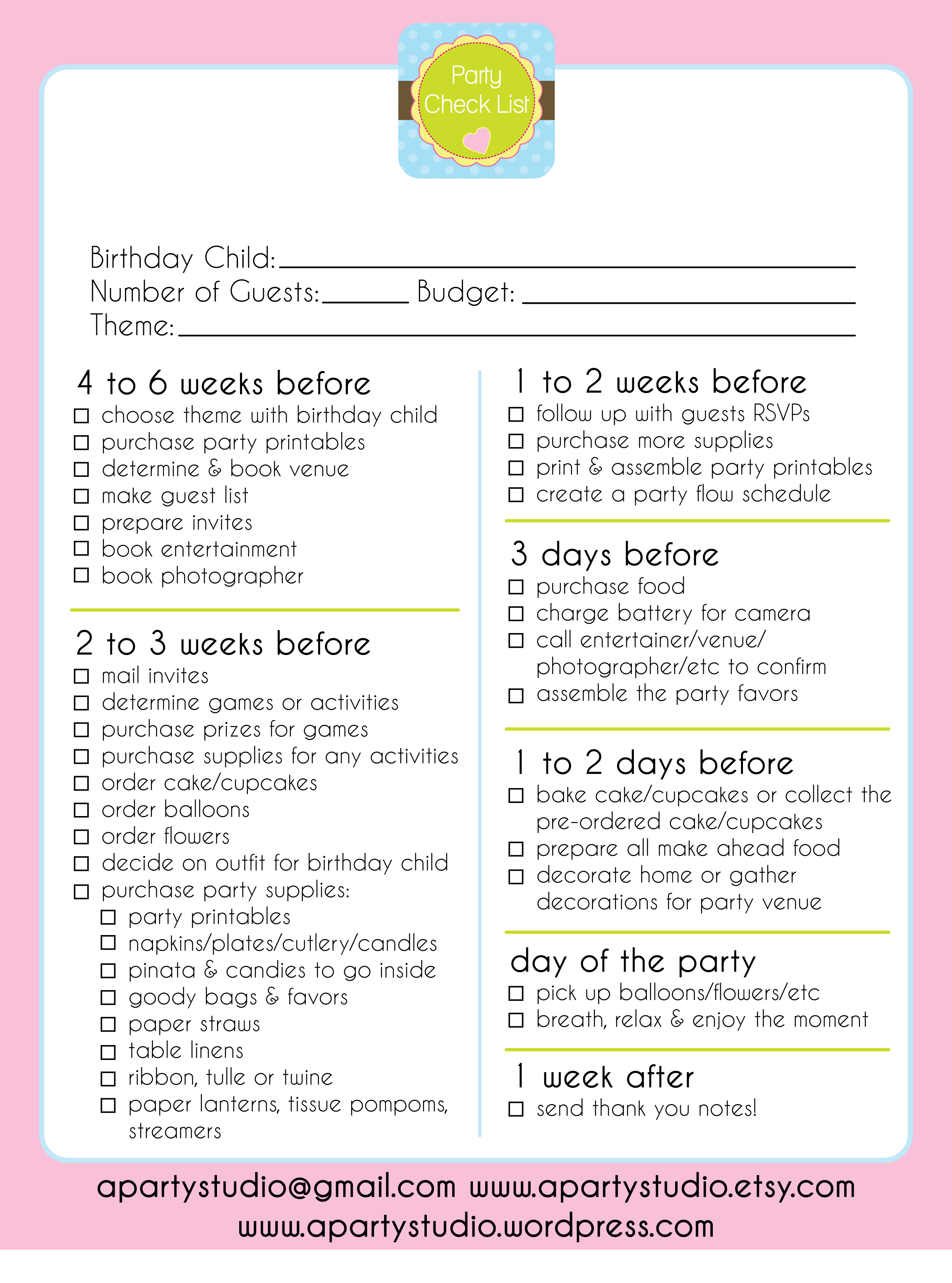 Free Printable Party Checklist | Parties | Birthday Party Checklist - Free Printable Birthday Guest List