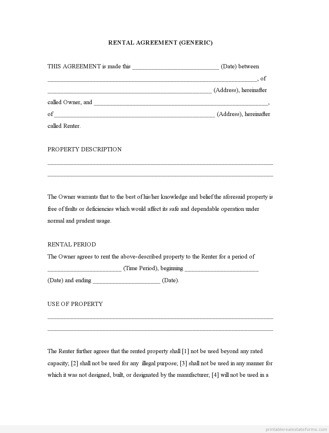 Free Printable Rental Agreement | Rental Agreement (Generic)0001 - Free Printable Lease Agreement Forms