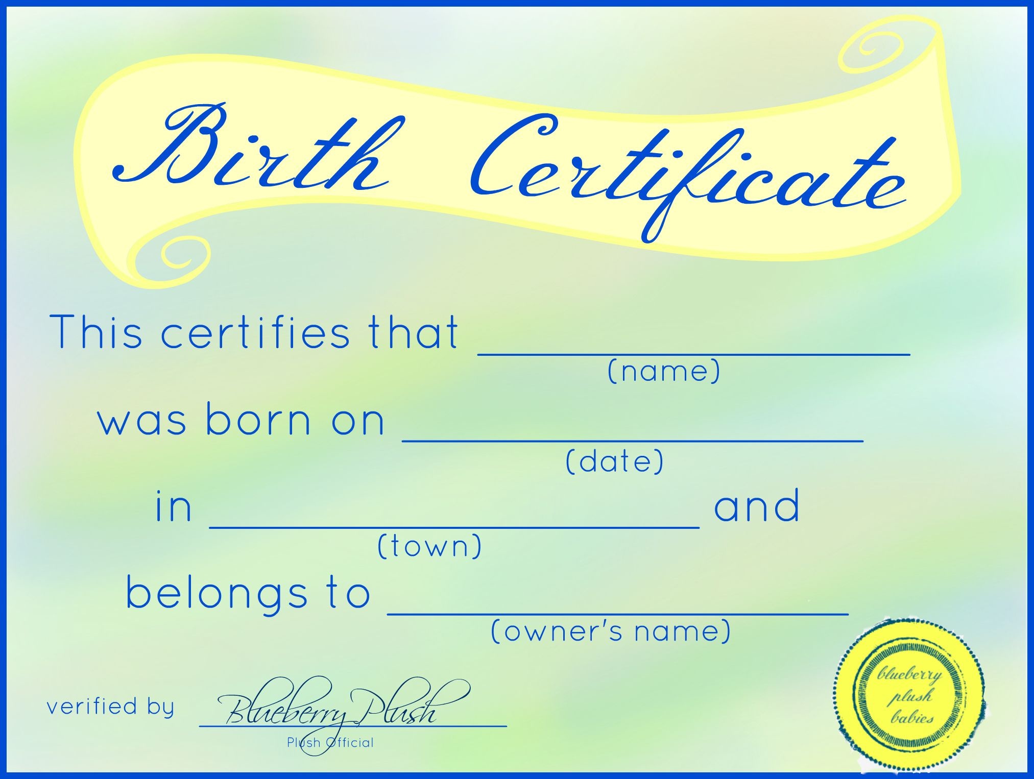 Free Printable Stuffed Animal Birth Certificates – Blueberry Plush - Free Printable Stuffed Animal Adoption Certificate