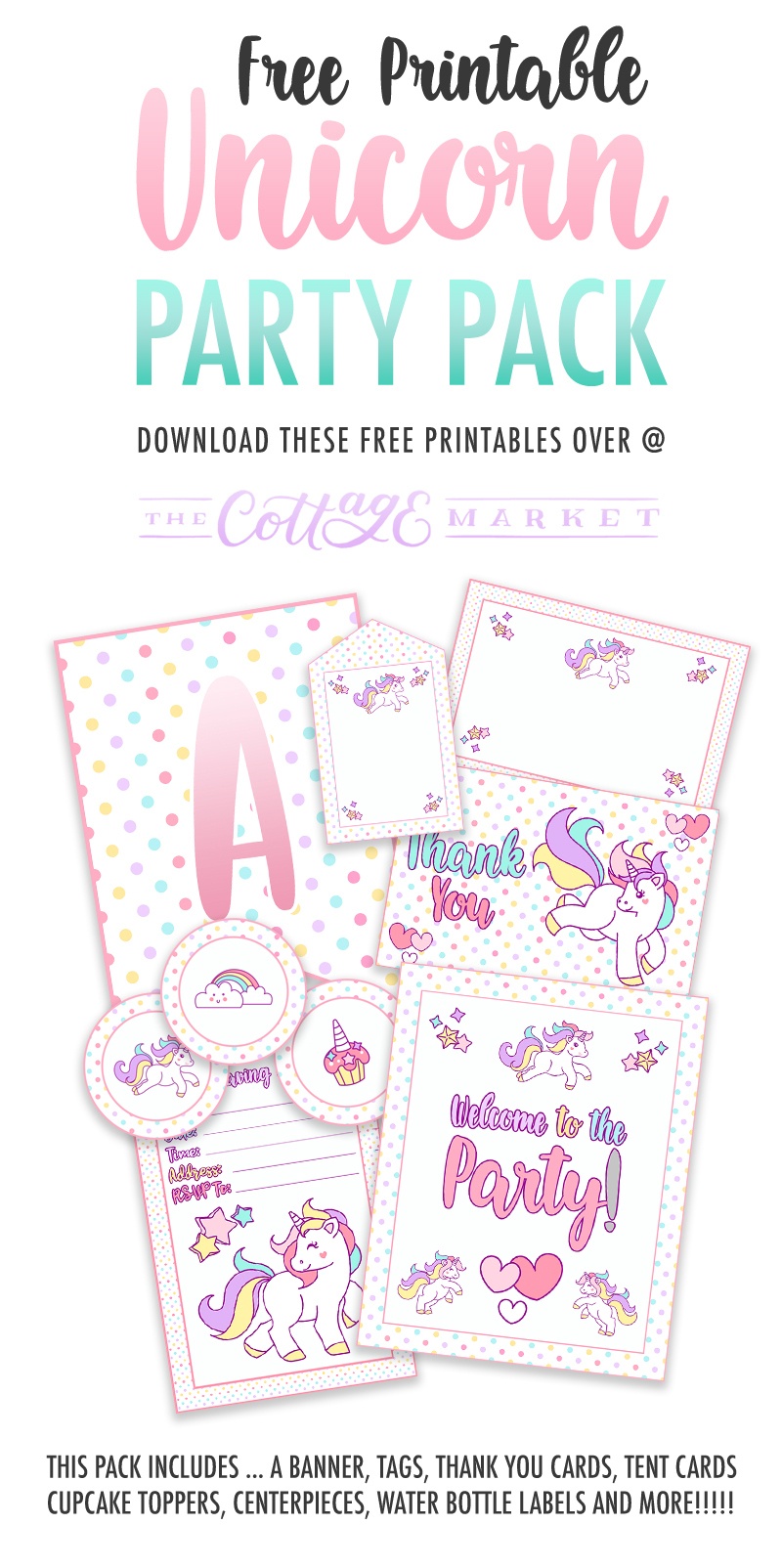 Free Printable Unicorn Party Decorations Pack - The Cottage Market - Free Printable Unicorn Birthday Invitations