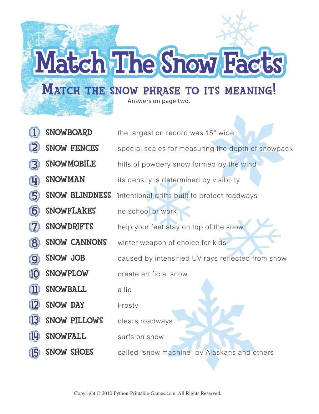 Free Printable Winter Game Match The Snow Facts Download | Winter - Free Printable Games For Adults
