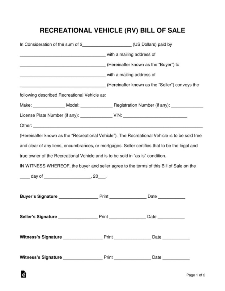 Free Recreational Vehicle (Rv) Bill Of Sale Form - Word | Pdf - Free ...