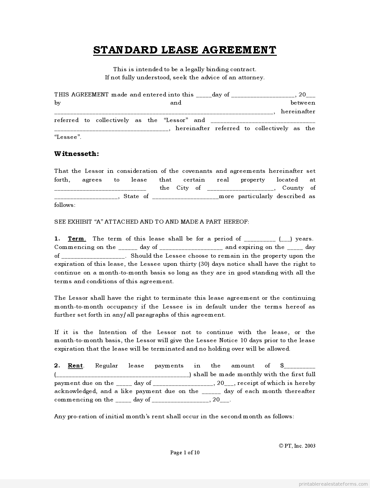 Free Rental Agreements To Print | Free Standard Lease Agreement Form - Free Printable Real Estate Forms
