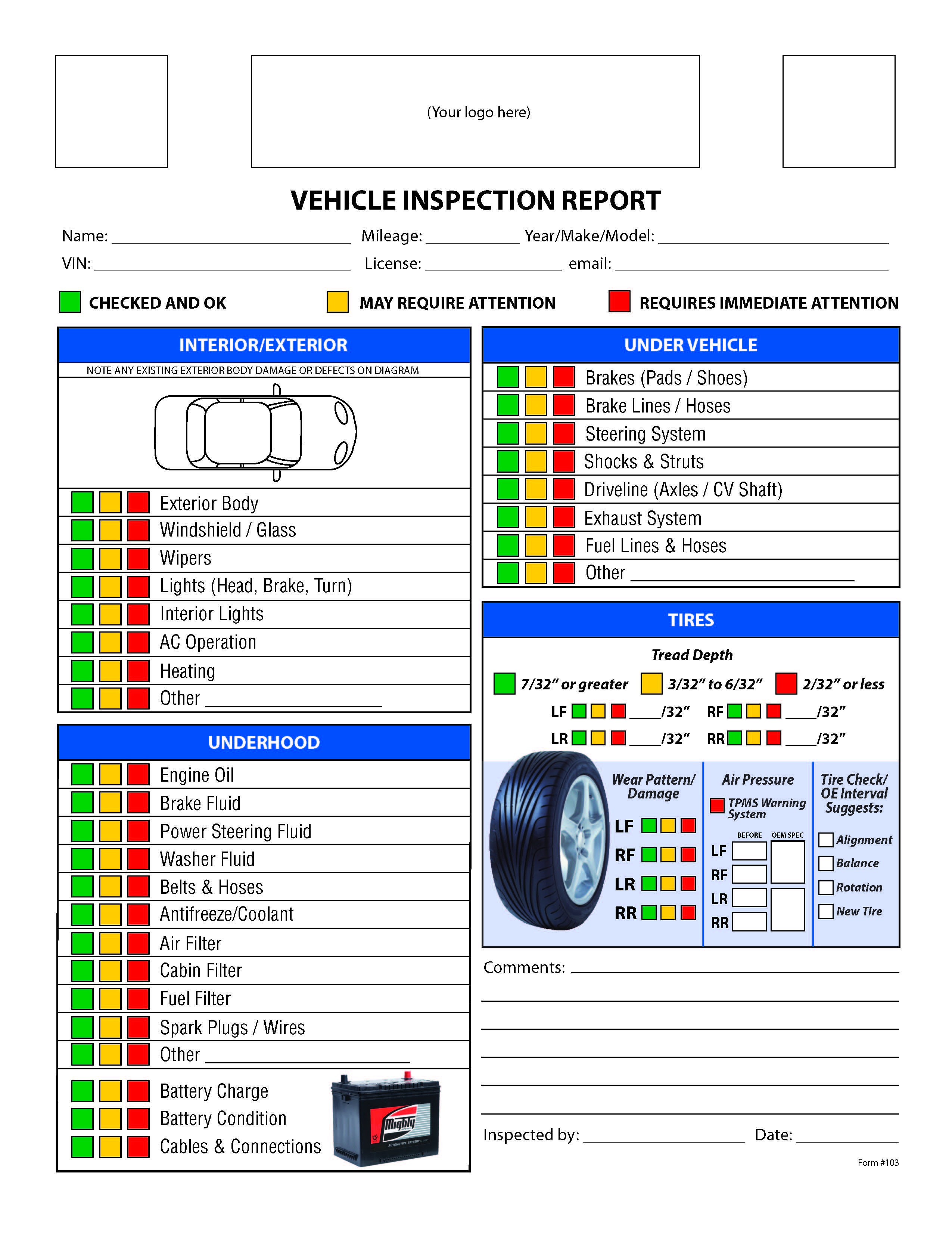 Free Vehicle Inspection Checklist Form | Good To Know | Vehicle - Free Printable Vehicle Inspection Form