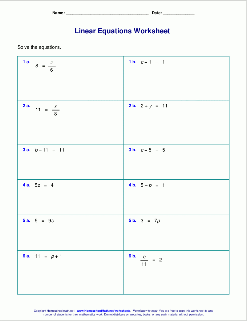 Free Worksheets For Linear Equations (Grades 6-9, Pre-Algebra - Free Printable 8Th Grade Algebra Worksheets