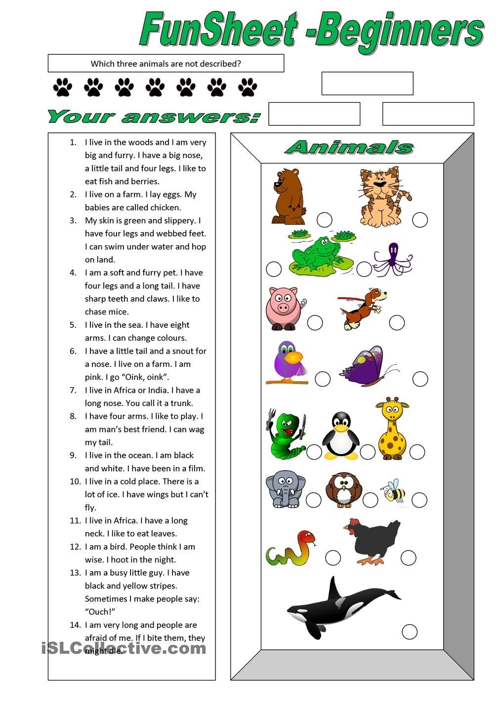 Funsheet For Beginners: Animals | Free Esl Worksheets | M | Animal - Free Printable English Lessons For Beginners