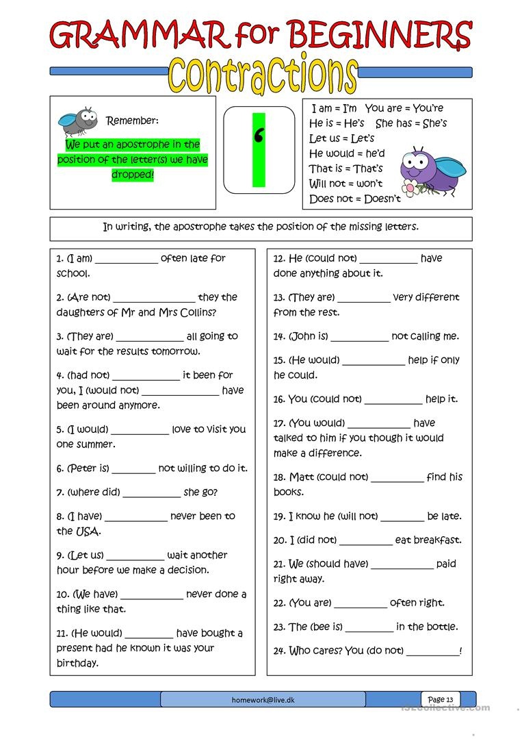 Grammar For Beginners: Contractions Worksheet - Free Esl Printable - Free Printable Grammar Worksheets