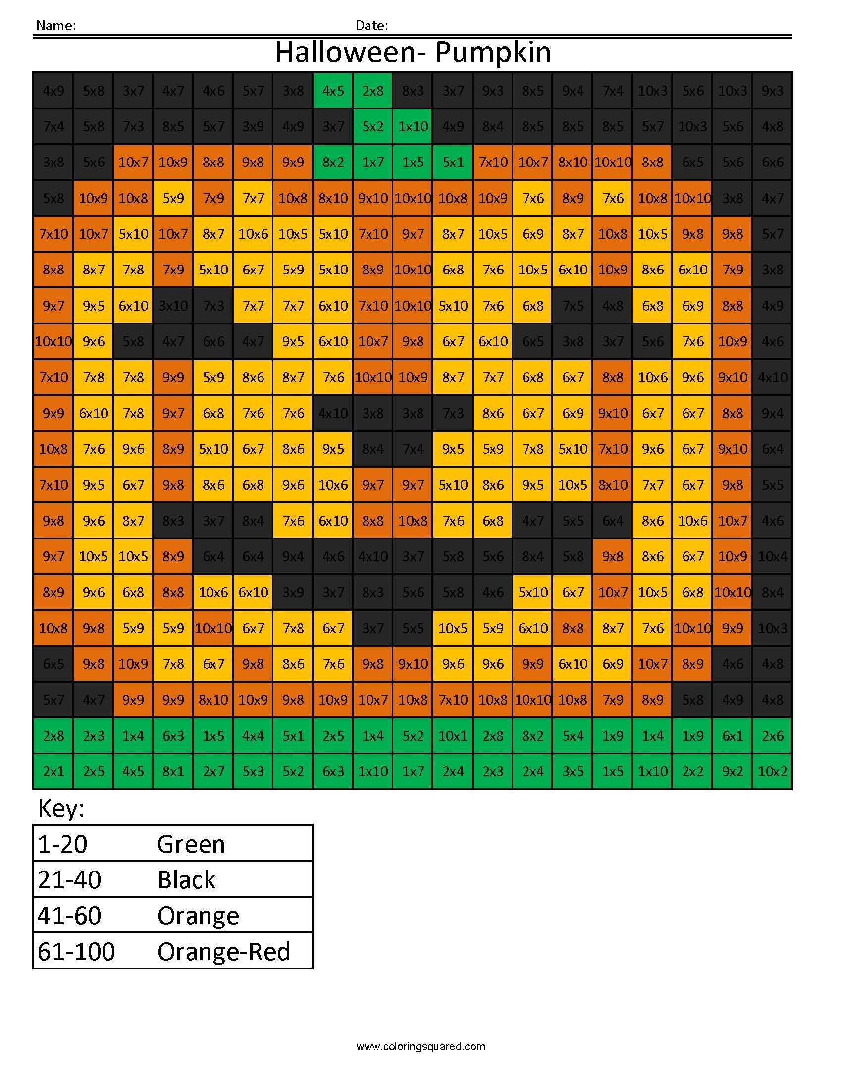 Halloween Pumpkin- Holiday Multiplication | Coloring Squared | Third - Free Printable Math Mystery Picture Worksheets