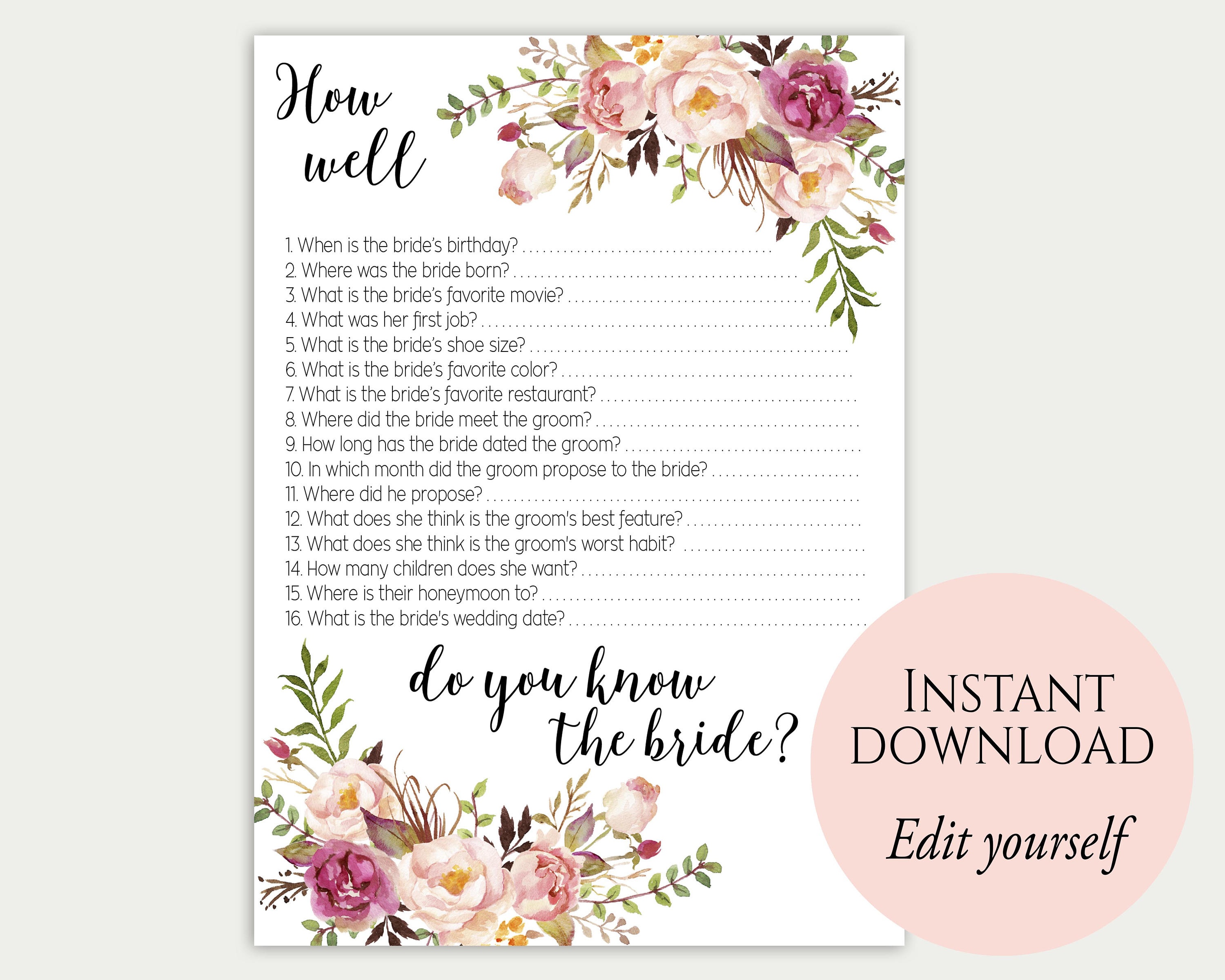 How Well Do You Know The Bride Editable Game Pdf Template | Etsy - How Well Do You Know The Bride Free Printable