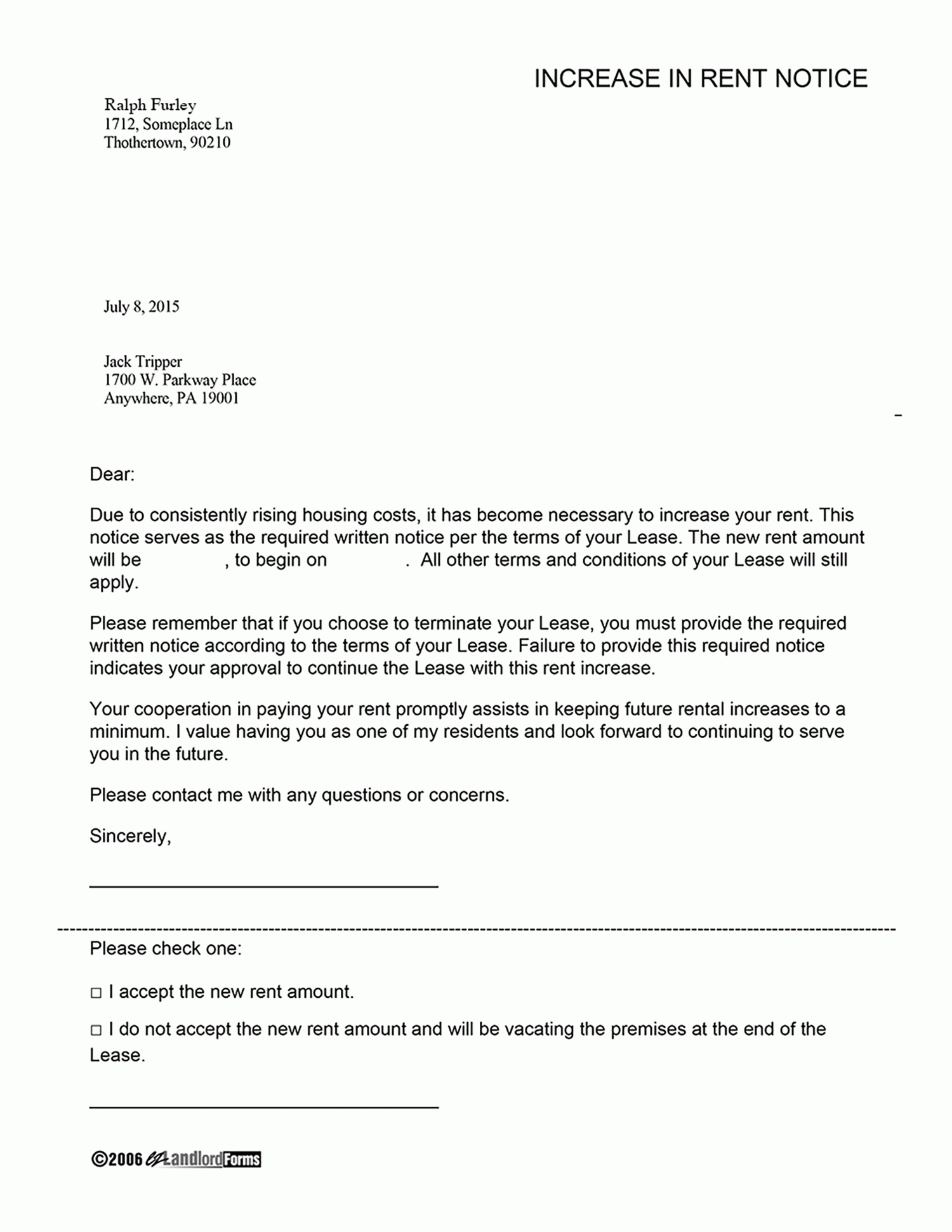Increase In Rent Notice | Ez Landlord Forms - Free Printable Rent Increase Letter