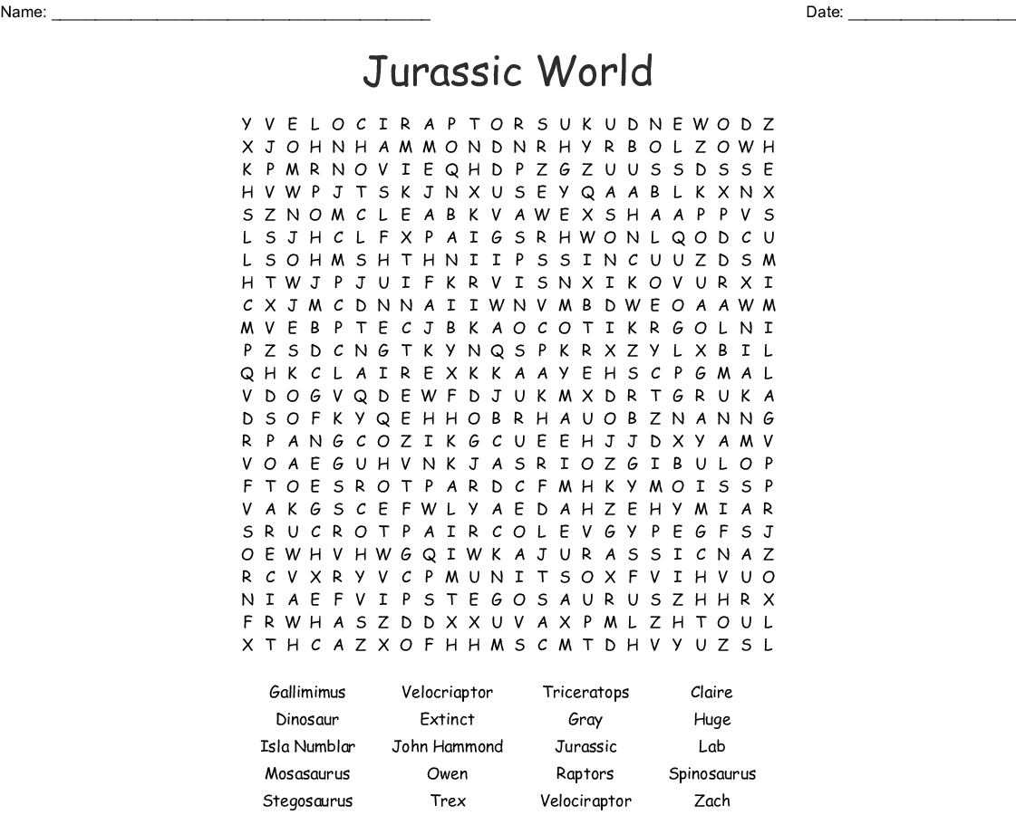 Jurassic World Word Search - Wordmint - Free Printable Dinosaur Word Search