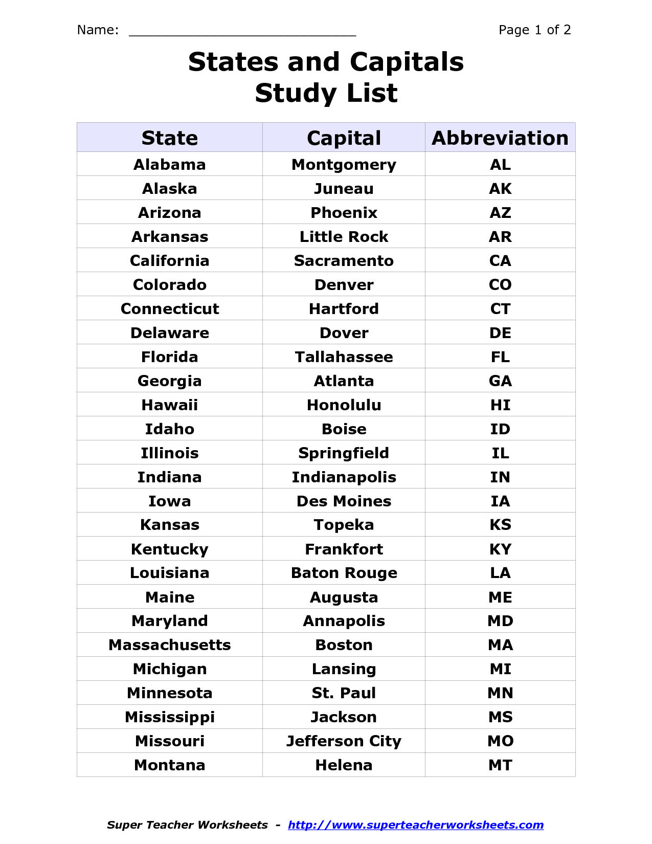 50 States And Capitals Worksheets   List Of States And Capitals And Abbreviations Google Search Free Printable States And Capitals Worksheets 