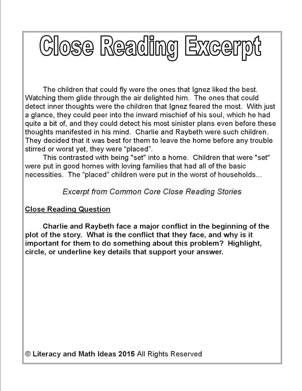 Literacy &amp;amp; Math Ideas: Free Close Reading Passage Of The Week - Free Printable Short Stories For High School Students