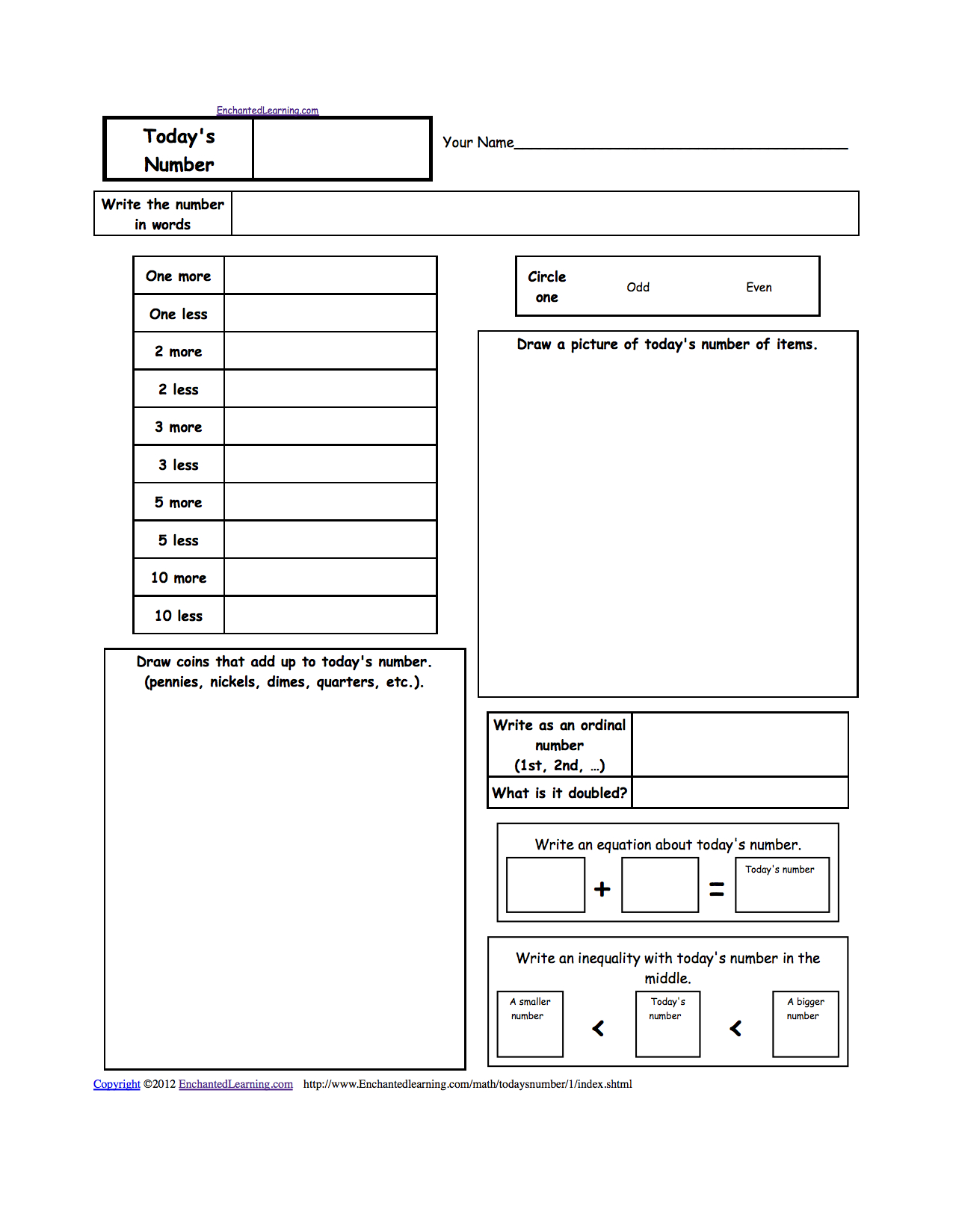 Math - Enchanted Learning - Free Printable Number Of The Day Worksheets