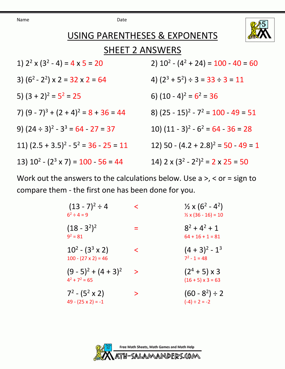 Math Worksheets 5Th Grade Complex Calculations - Order Of Operations Free Printable Worksheets With Answers