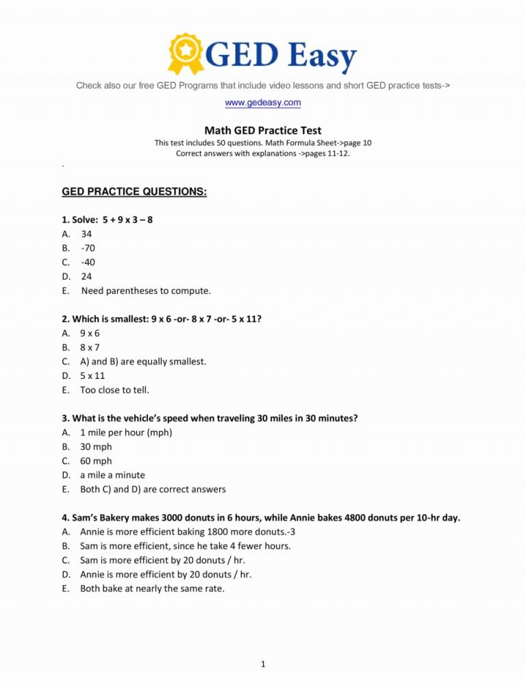 Mathts Printable Ged Practice Test With Answers Unique Best Of To Free Printable Ged