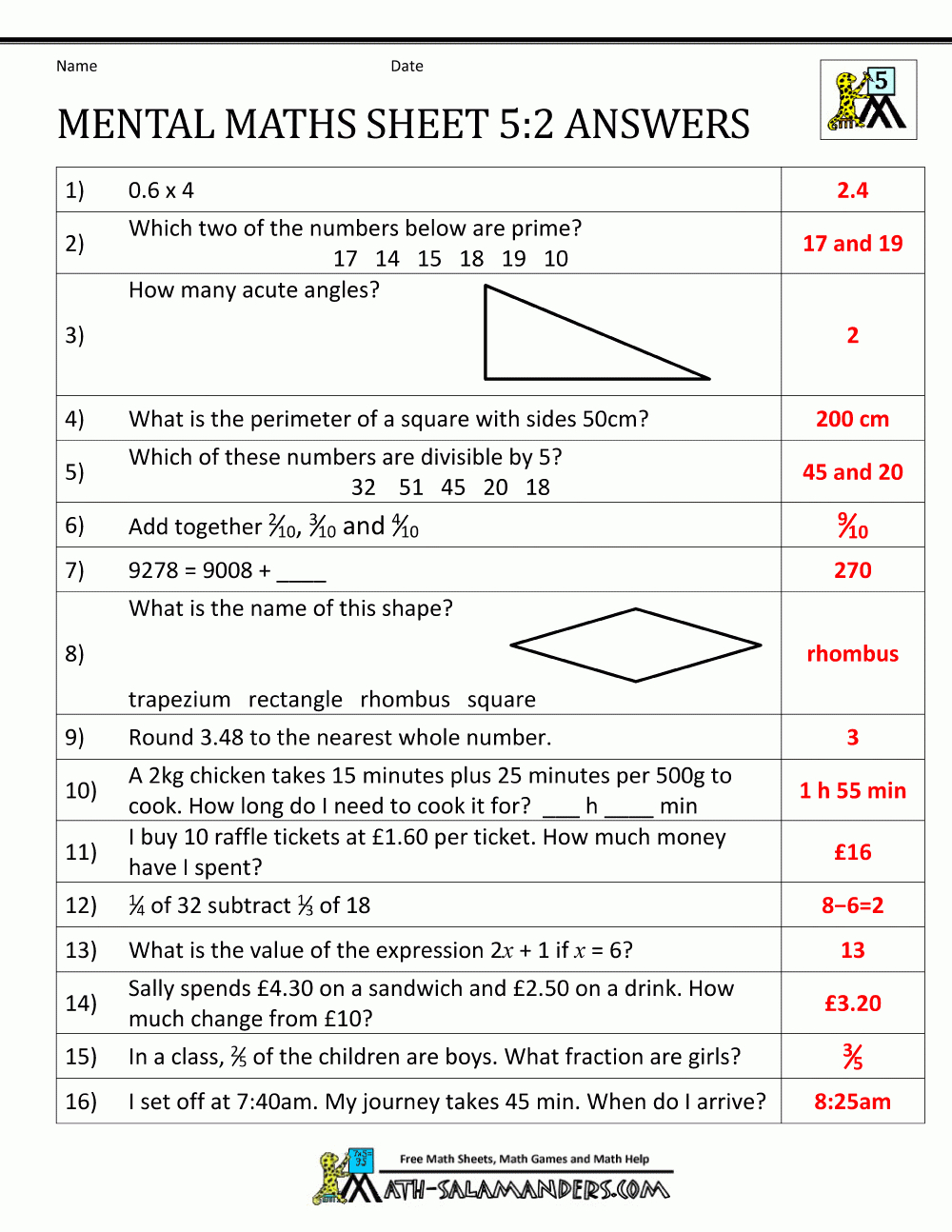 Mental Maths Practise Year 5 Worksheets - Year 6 Maths Worksheets Free Printable