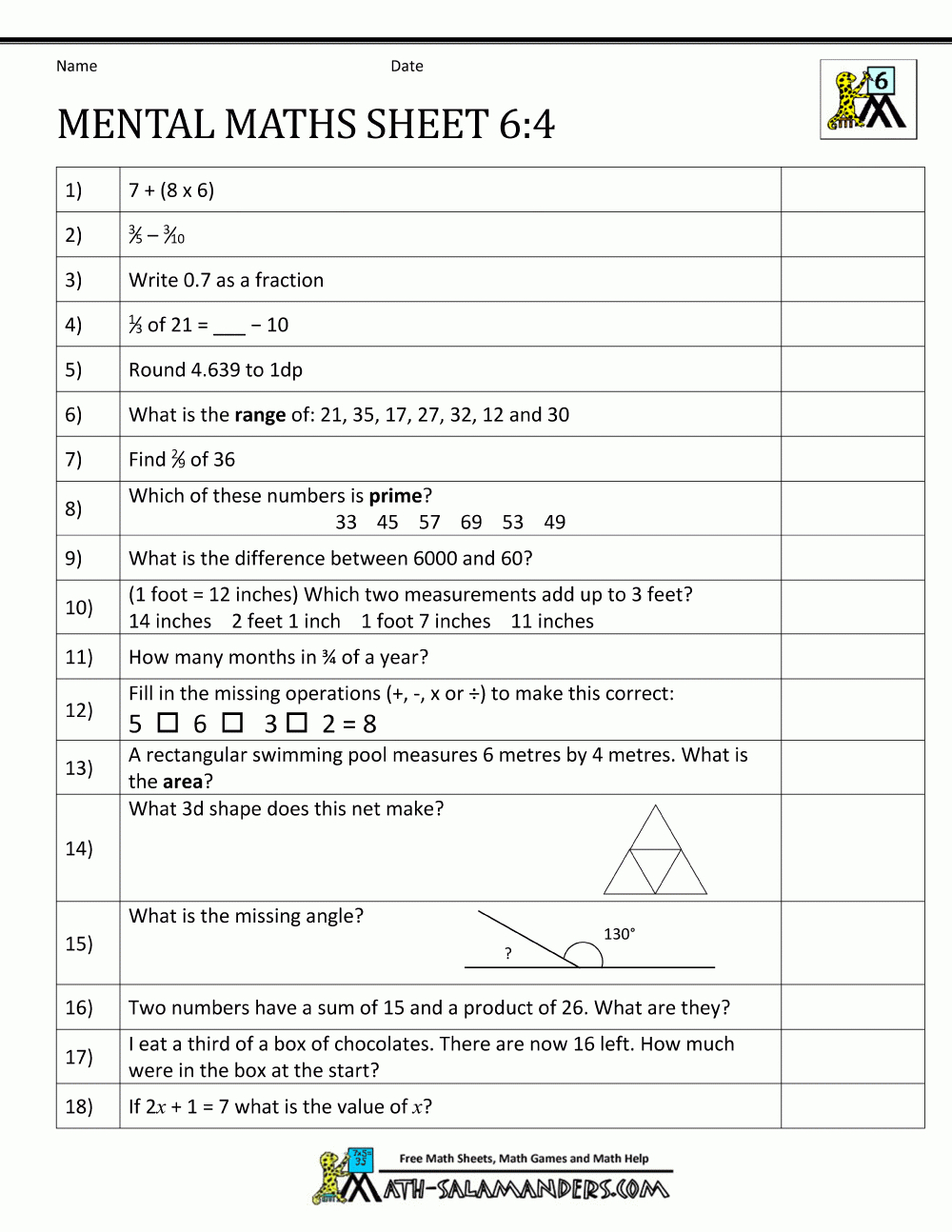 Mental Maths Tests Year 6 Worksheets - Year 6 Maths Worksheets Free Printable