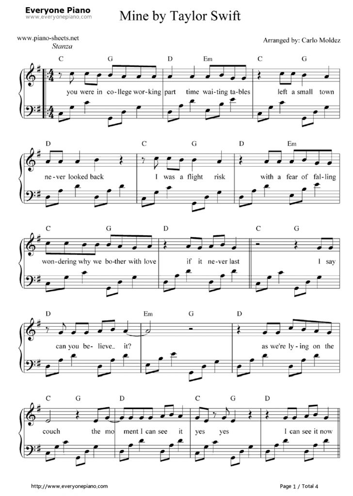 Taylor Swift Mine Piano Sheet Music Free Printable