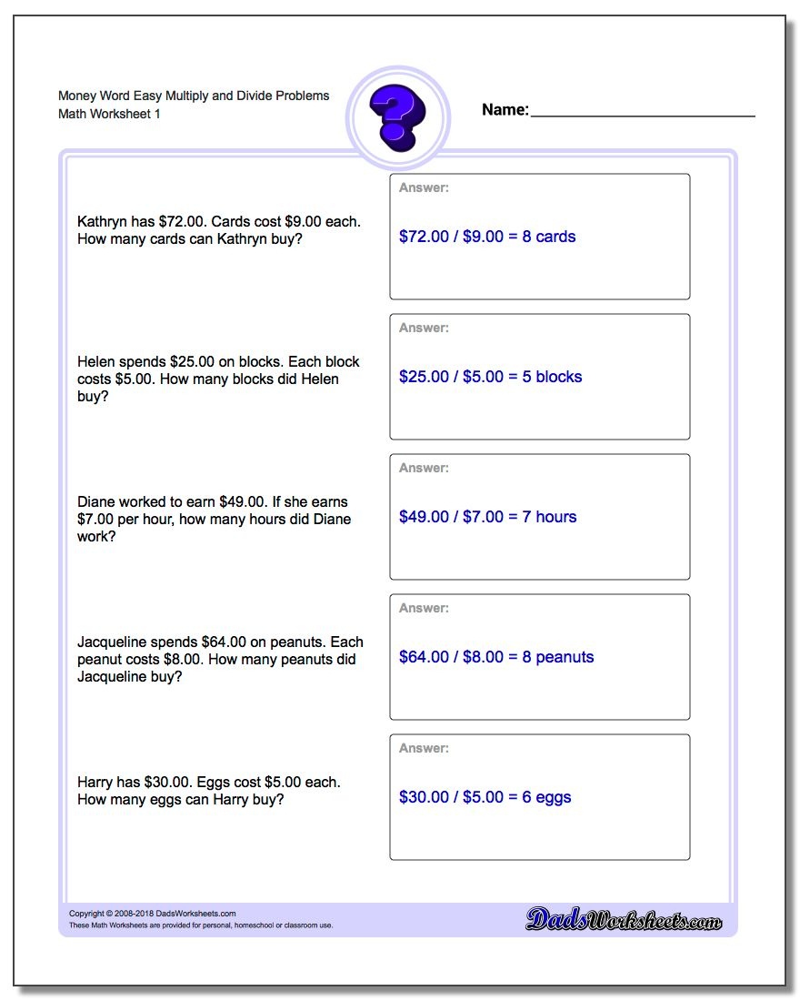 Money Word Problems - Free Printable Play Money Sheets