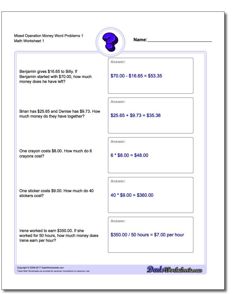 Money Word Problems Worksheet Mixed Operation! Mixed Operation Money - Free Printable Money Word Problems Worksheets