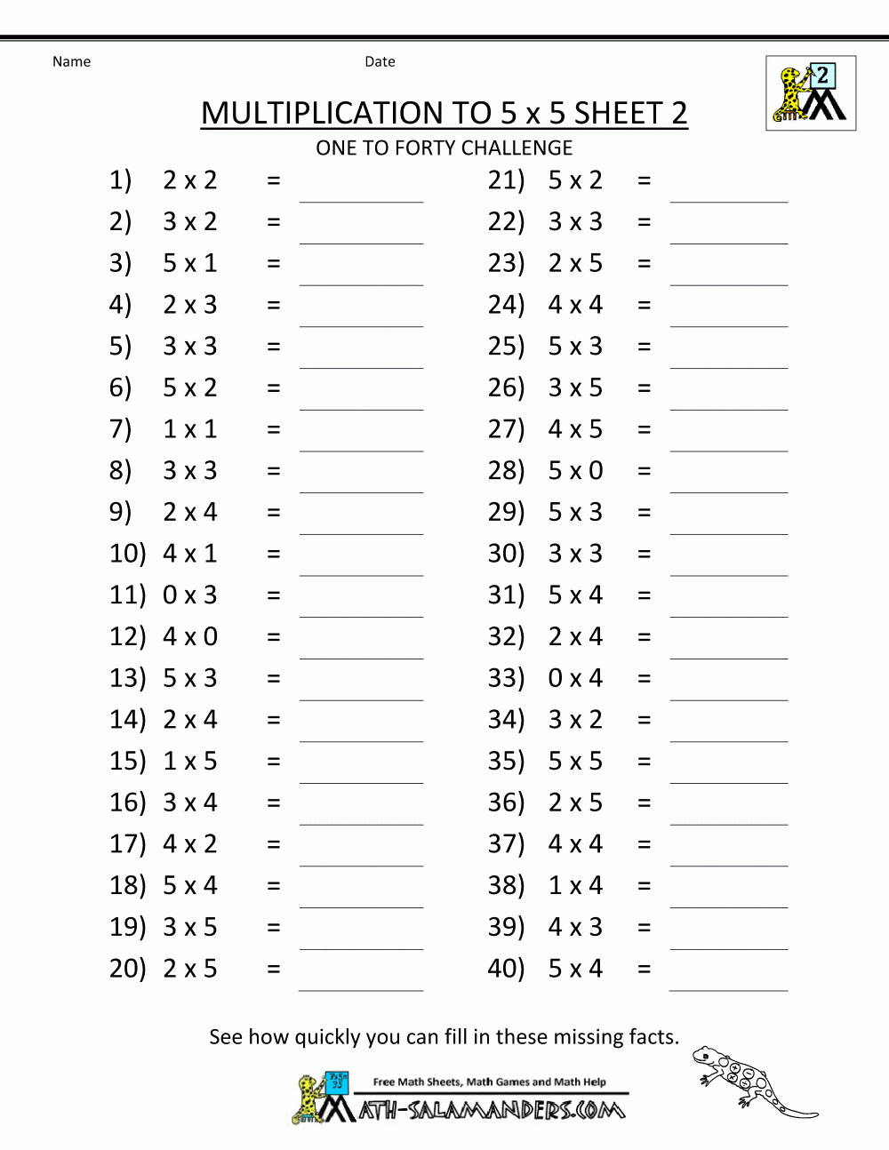 Multiplication To 5X5 Worksheets For 2Nd Grade - Free Printable Multiplication Worksheets