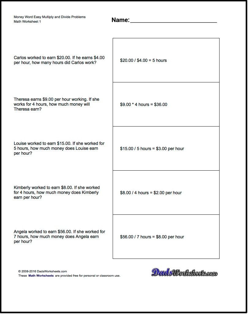Multiplication Worksheet And Division Worksheet Money Word Problems - Free Printable Division Word Problems Worksheets For Grade 3