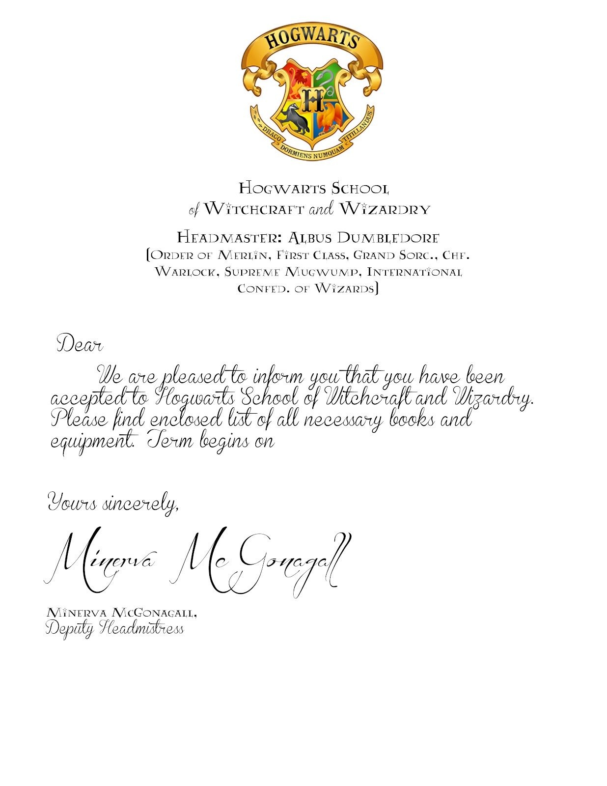 Hogwarts Letter Of Acceptance Printable