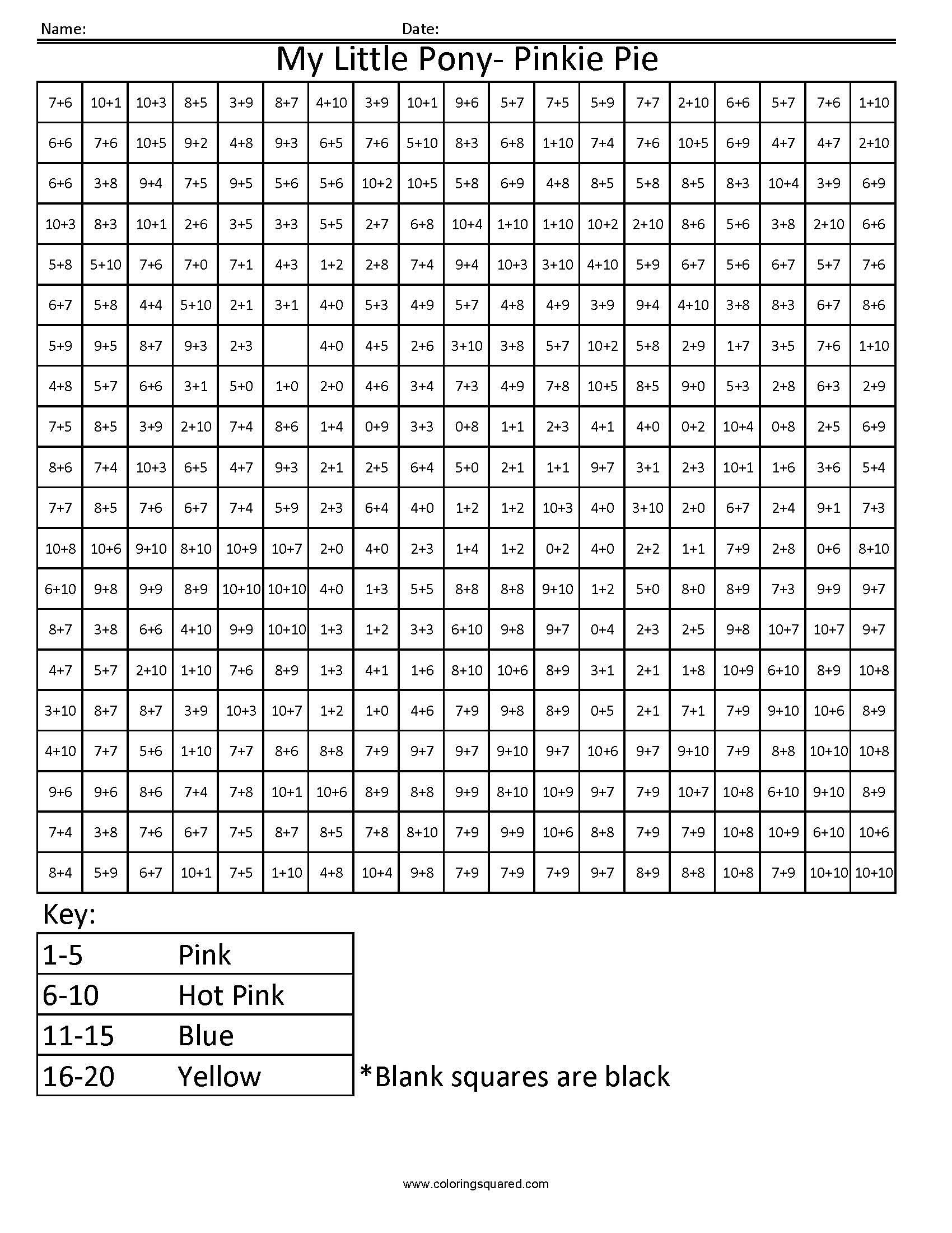 My Little Pony- Advanced Addition - Coloring Squared - Free Printable Math Mystery Picture Worksheets