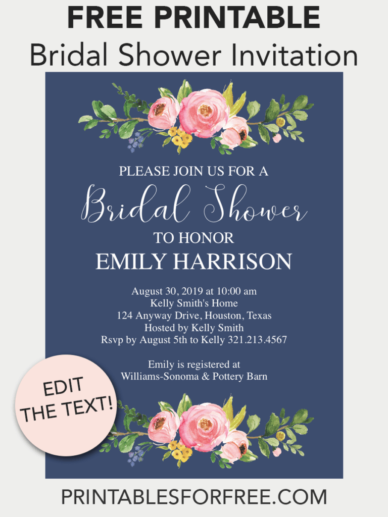 Navy Floral Printable Bridal Shower Invitation | Free Printable - Free Printable Bridal Shower Invitations Templates