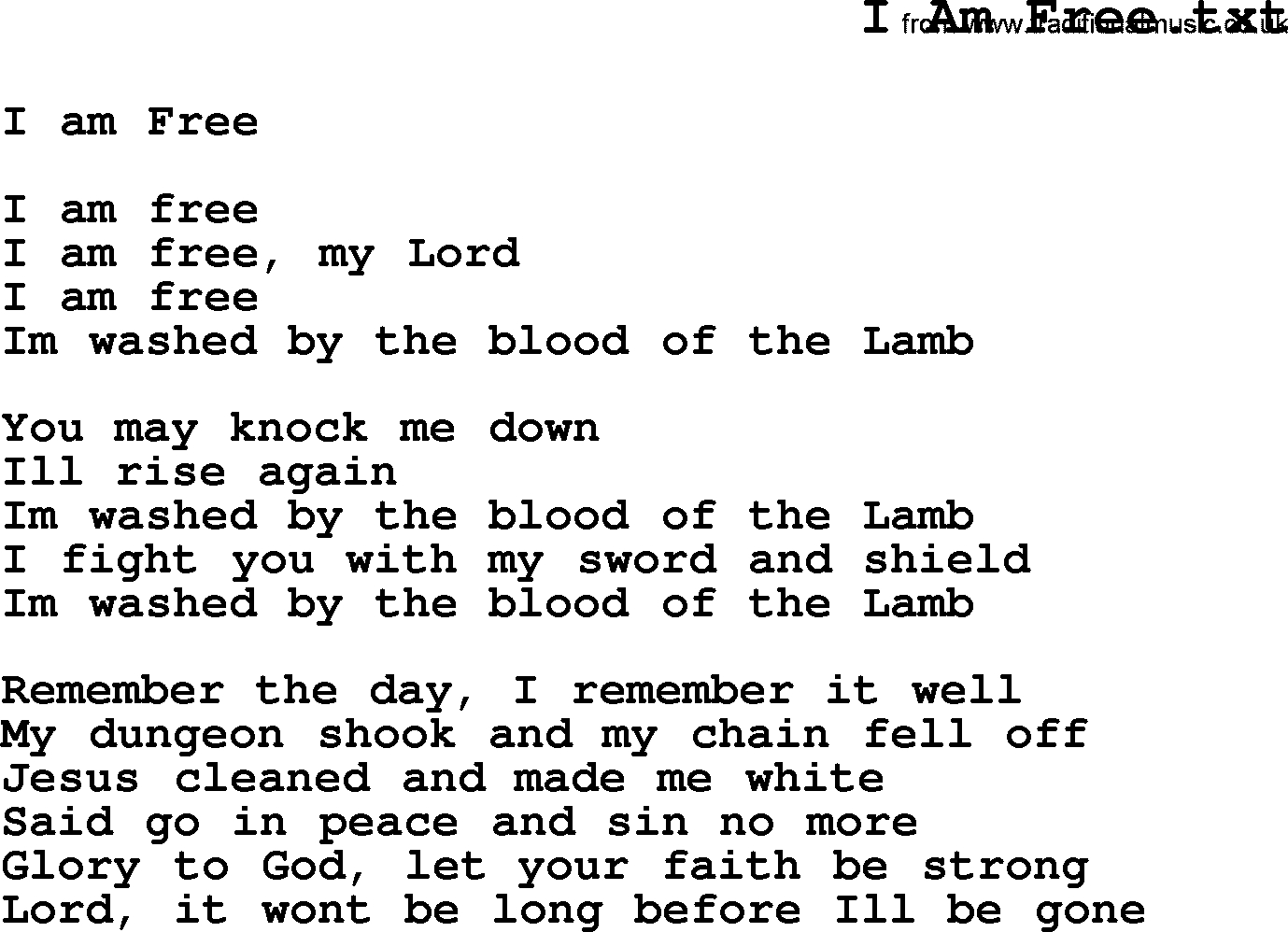 Negro Spiritual/slave Song Lyrics For I Am Free - Free Printable Song Lyrics