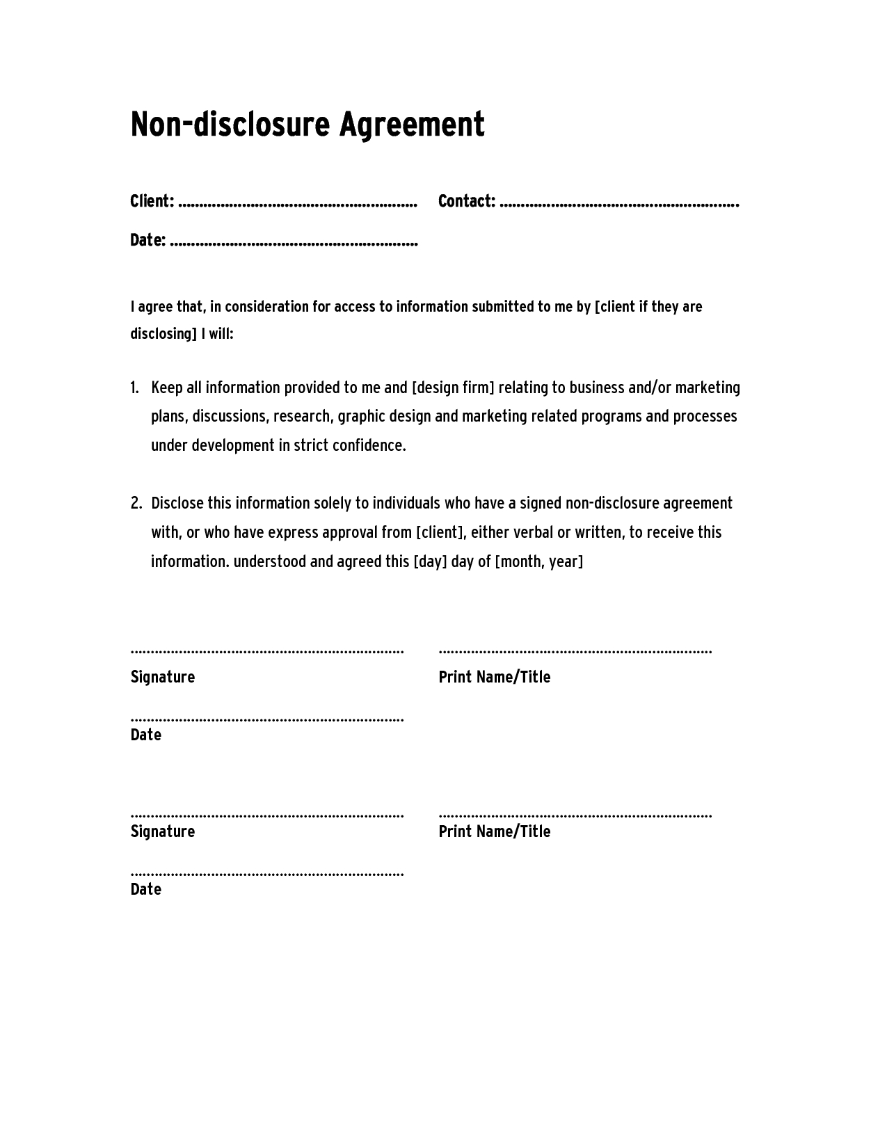 Non Disclosure Agreement Template ,confidentiality Agreement - Free Printable Non Disclosure Agreement Form