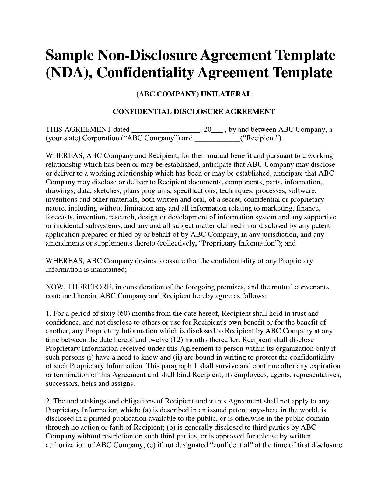 Non Disclosure Agreement Template Free Sample Nda Template Mvrsqrn - Free Printable Non Disclosure Agreement Form