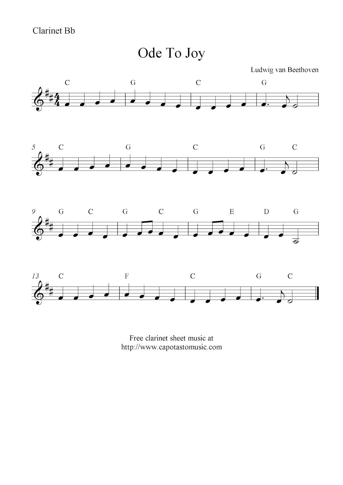 Ode To Joybeethoven, Free Clarinet Sheet Music Notes - Free Printable Clarinet Music