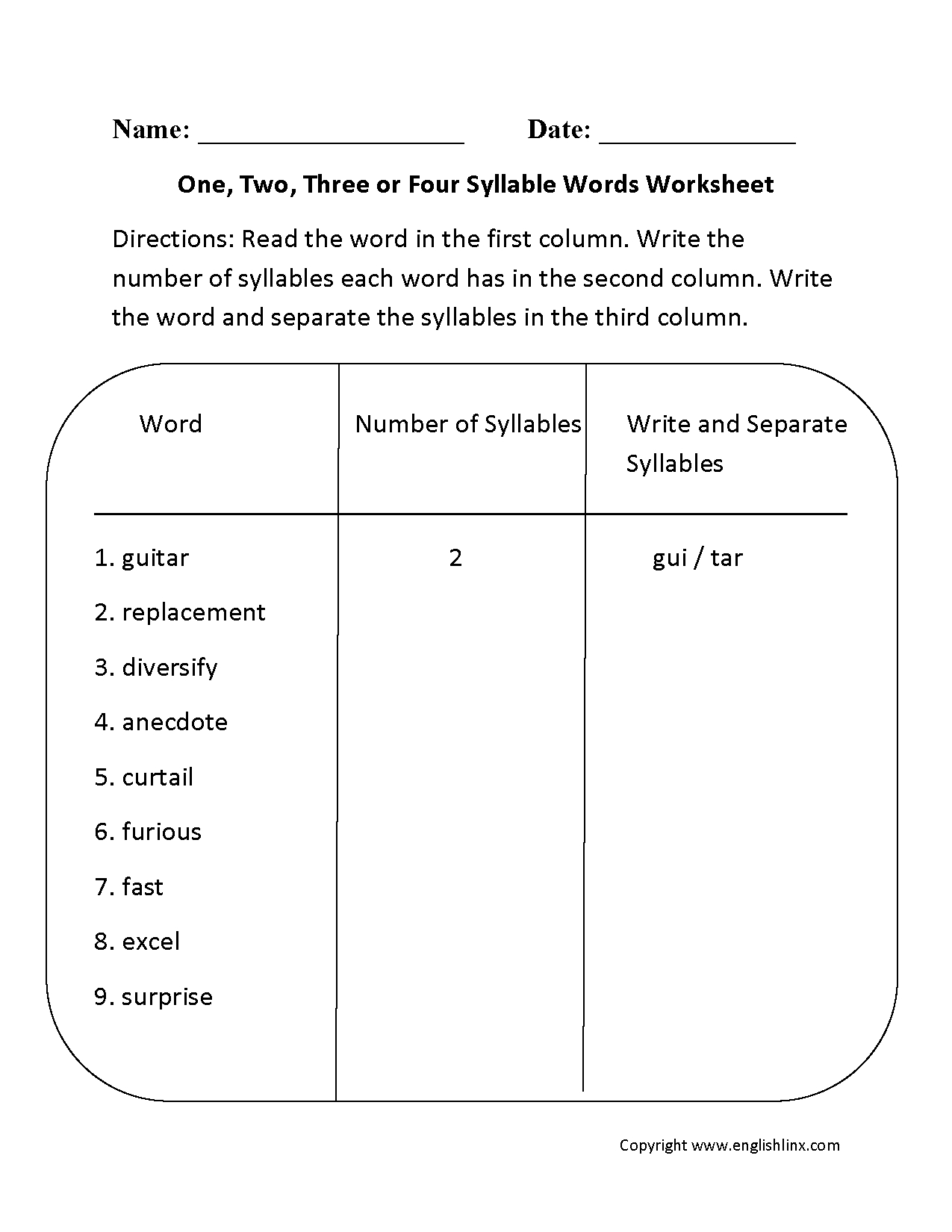 syllable worksheet for kindergarten