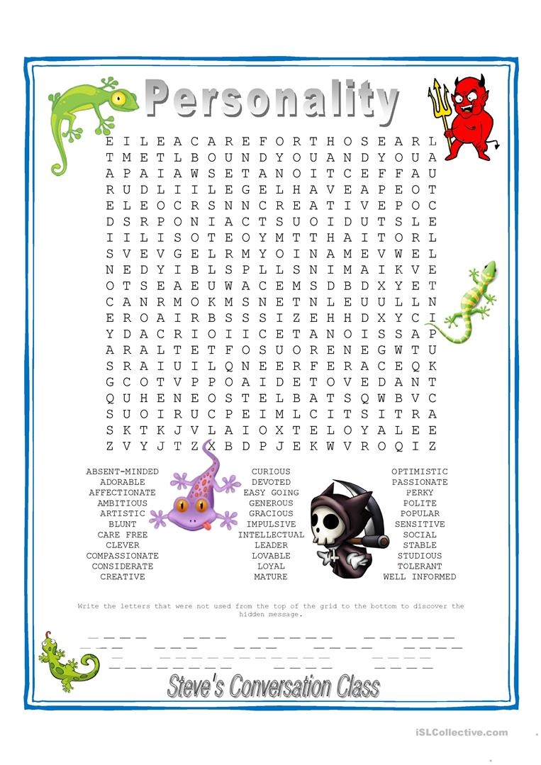 Personality - Hidden Message Wordsearch Worksheet - Free Esl - Free Word Search With Hidden Message Printable