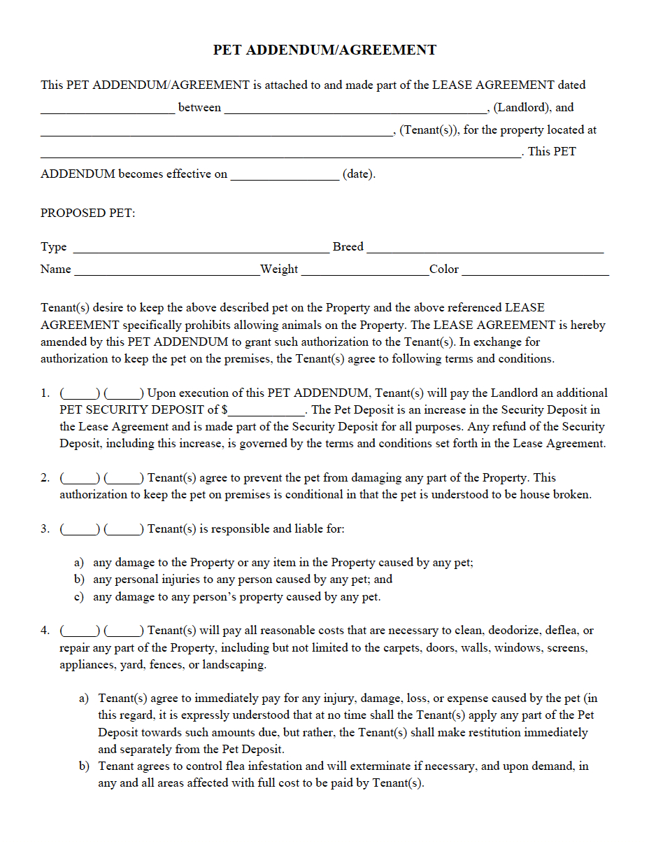 Download Pet Addendum To A Lease Agreement Style 2 Template For Free