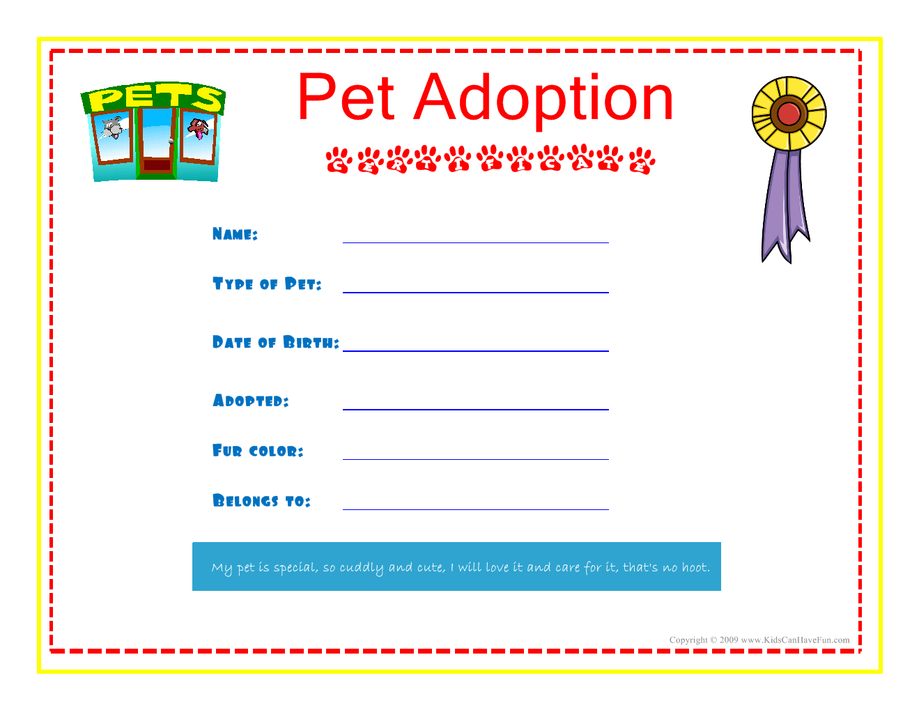 Pet Adoption Certificate For The Kids To Fill Out About Their Pet - Free Printable Stuffed Animal Adoption Certificate