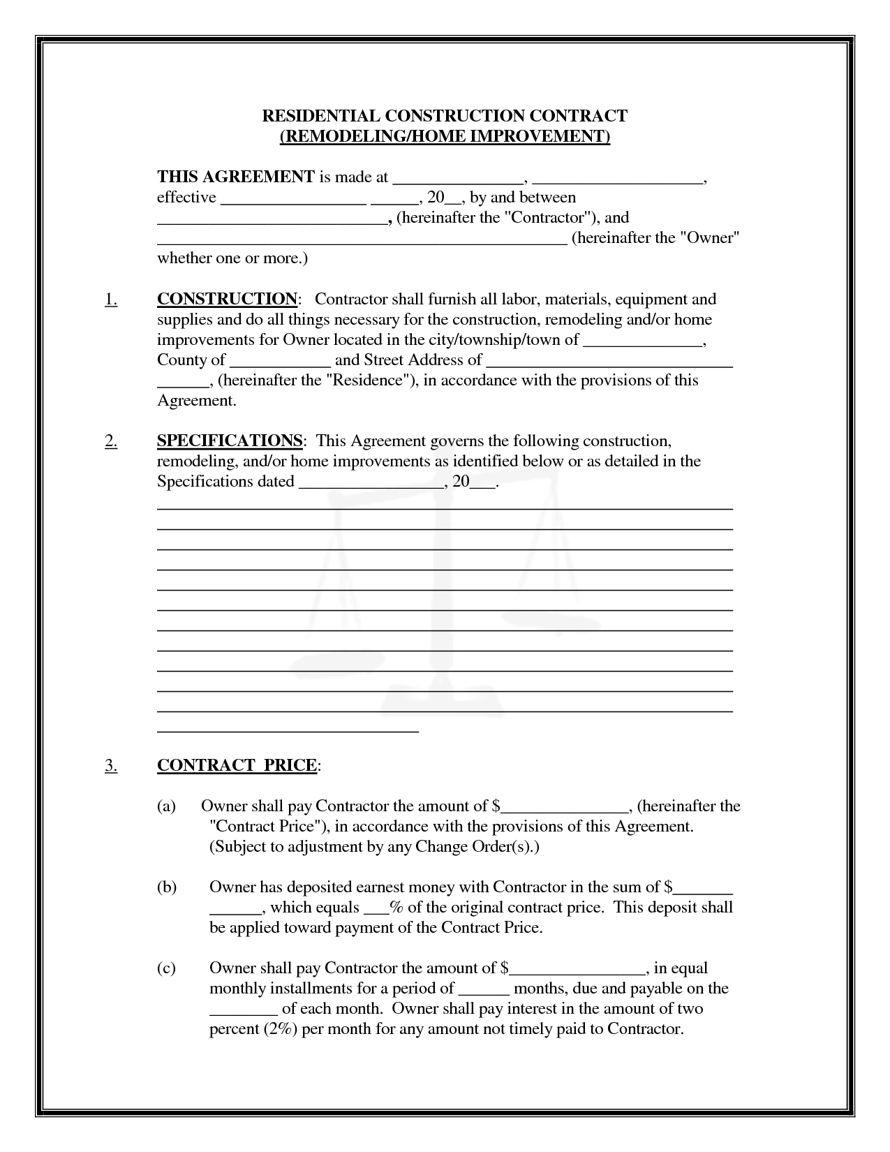 Pics Of Residential Construction Contracts | Residential - Free Printable Home Improvement Contracts