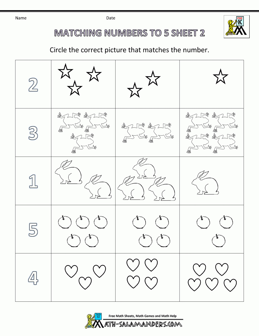 Preschool Math Worksheets - Matching To 5 - Free Printable Preschool Math Worksheets
