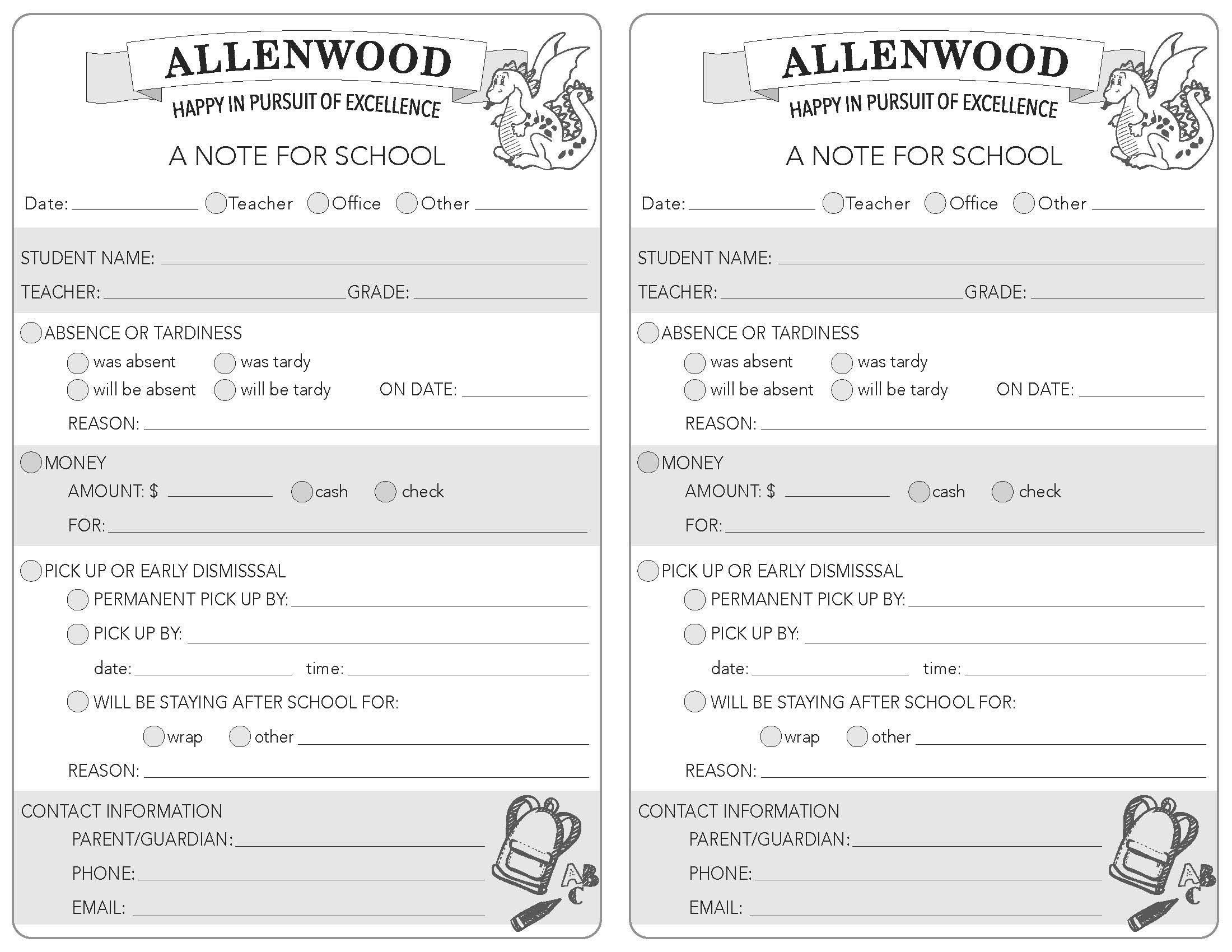 Printable Allenwood School Notes » Allenwood Elementary - Free Printable School Notes