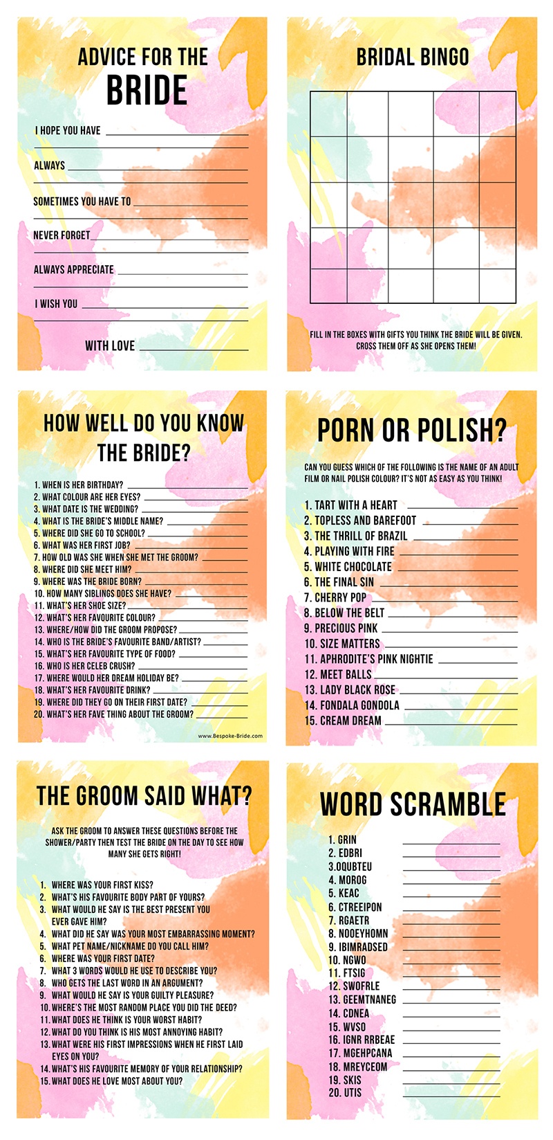Printable Bachelorette Party Games Foley