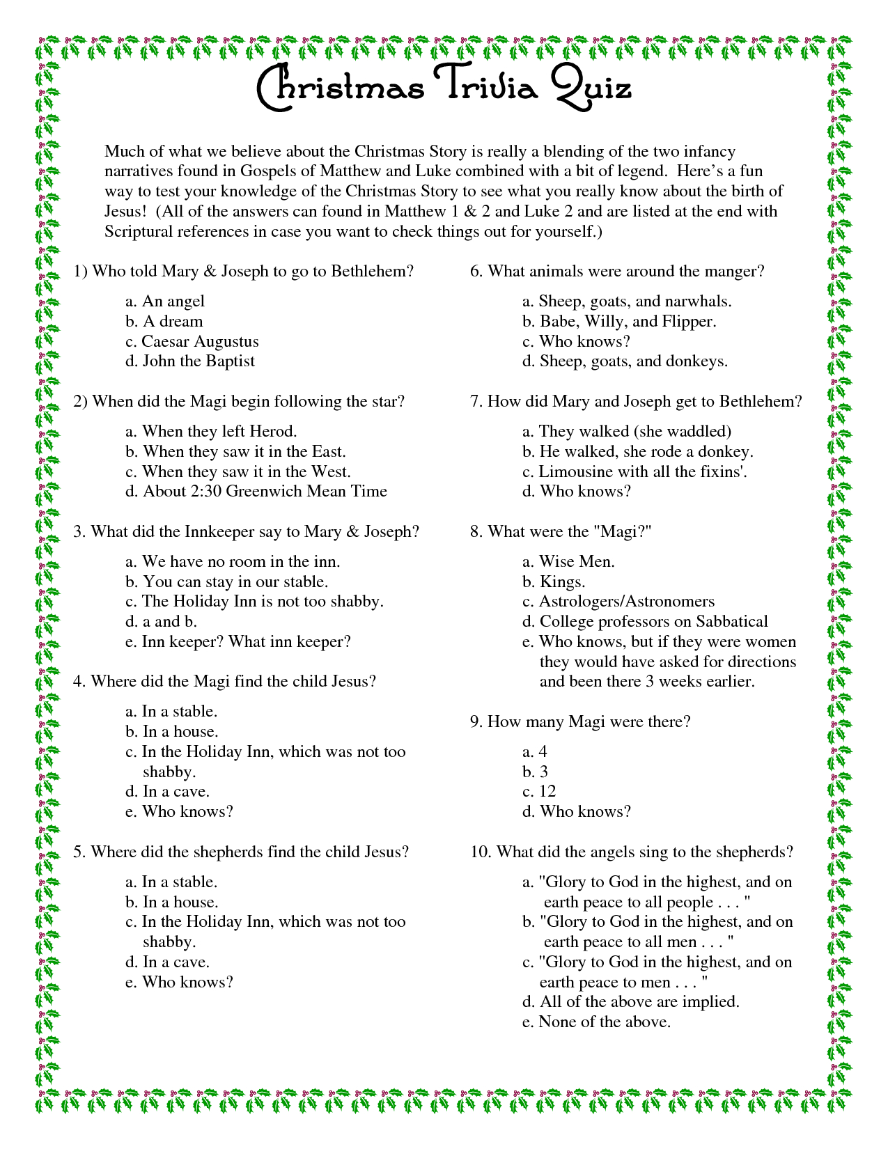 Printable Christmas Trivia Questions And Answers | Christmas Party - Free Printable Bible Trivia For Adults