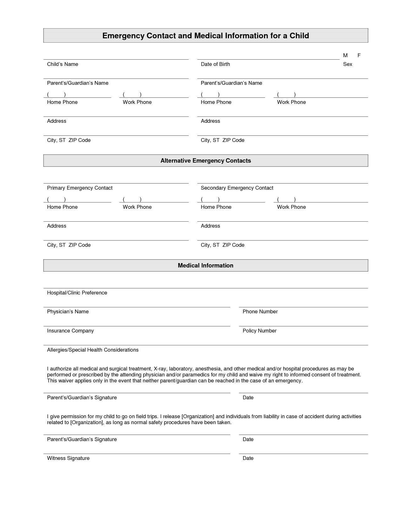 Printable Emergency Contact Form Template | Home Daycare | Emergency - Free Printable Daycare Forms