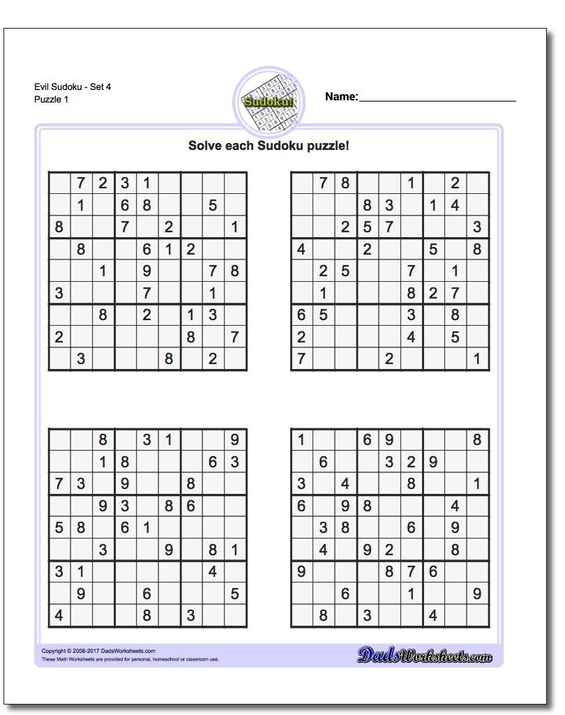 Printable Evil Sudoku Puzzles | Math Worksheets | Sudoku Puzzles - Download Printable Sudoku Puzzles Free