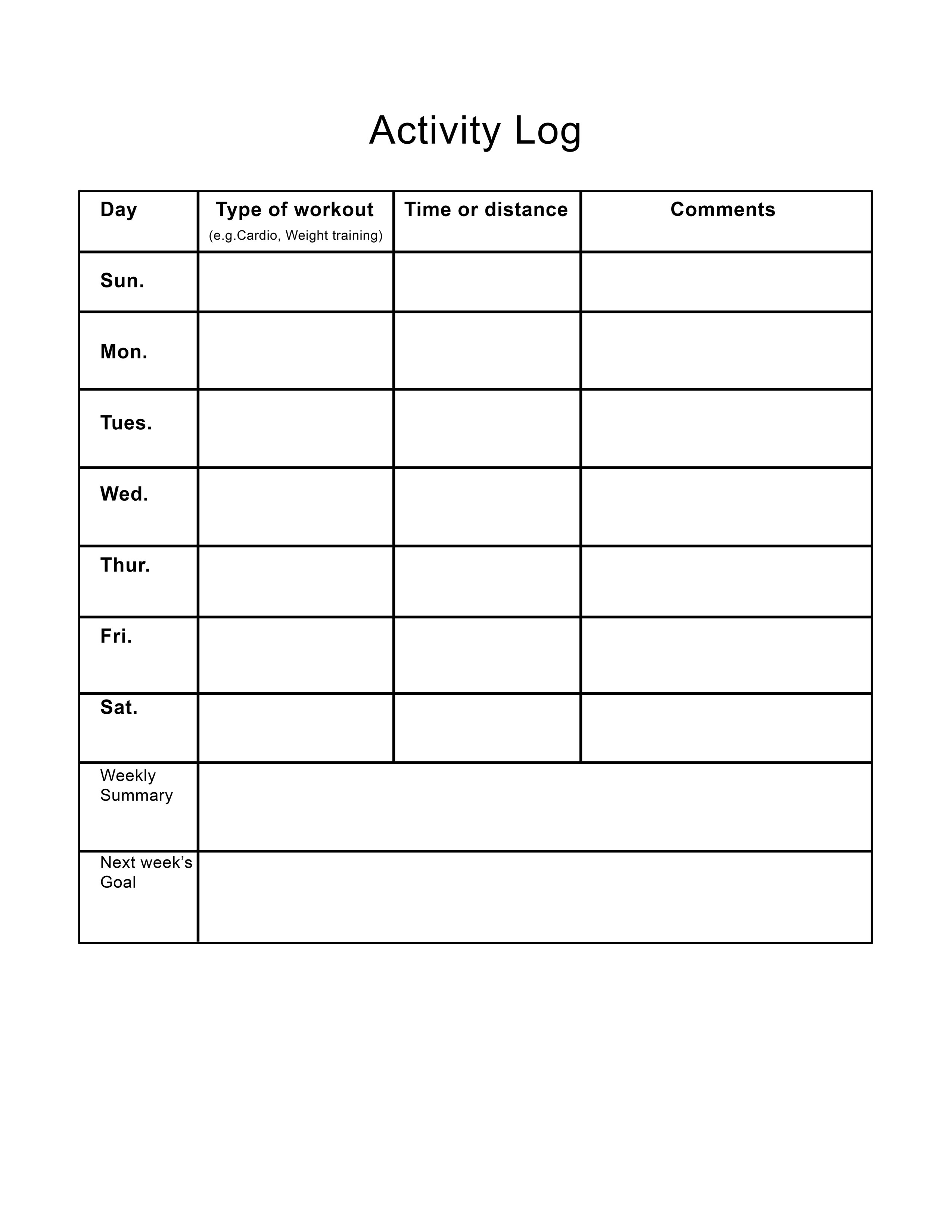 Printable Exercise Activity Log Sheet - Free Printable Walking Log