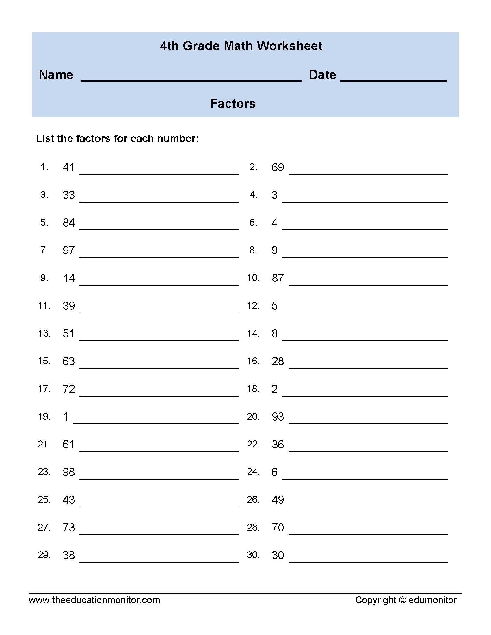 Printable Factors And Multiples Worksheets 4Th Grade - Free Printable Worksheets For 4Th Grade